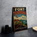 A vintage-style sign for Fort Ticonderoga, New York, featuring an illustration of the fort and surrounding landscape.