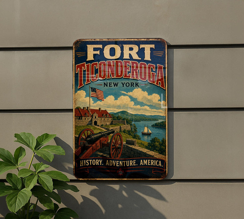 A vintage-style metal sign for Fort Ticonderoga, New York, featuring a cannon, a ship, and a scenic landscape.