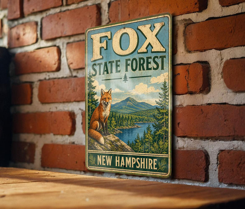 A vintage metal sign for Fox State Forest in New Hampshire, featuring an illustration of a fox in a forest setting.