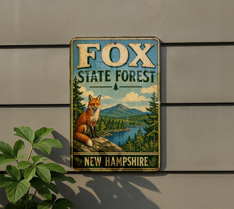 A metal sign with a fox sitting on a rock, surrounded by a forest landscape, is mounted on a wall.