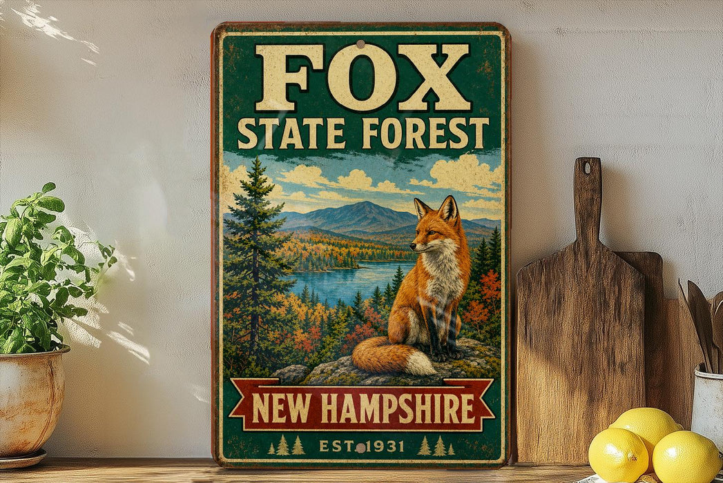 a vintage-style sign for the Fox State Forest in New Hampshire, depicting a fox sitting on a rock overlooking a forest and a lake.