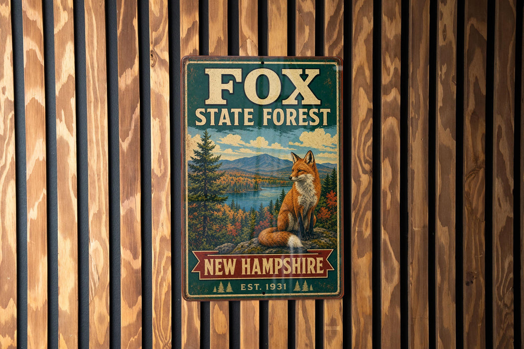 A vintage metal sign for Fox State Forest in New Hampshire, featuring an illustration of a fox in a forest setting.