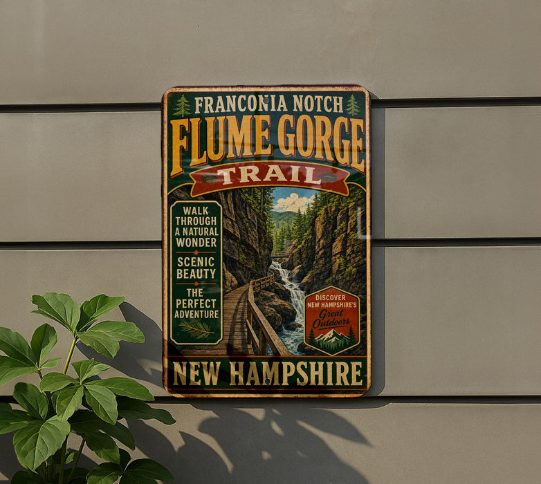 a vintage trail sign for Franconia Notch Flume Gorge Trail, which is located in New Hampshire.