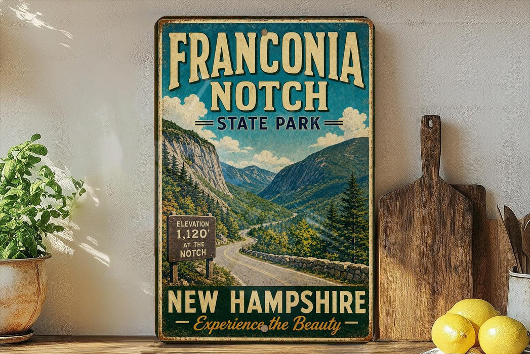 a vintage-style sign for Franconia Notch State Park, with a scenic mountain landscape in the background.