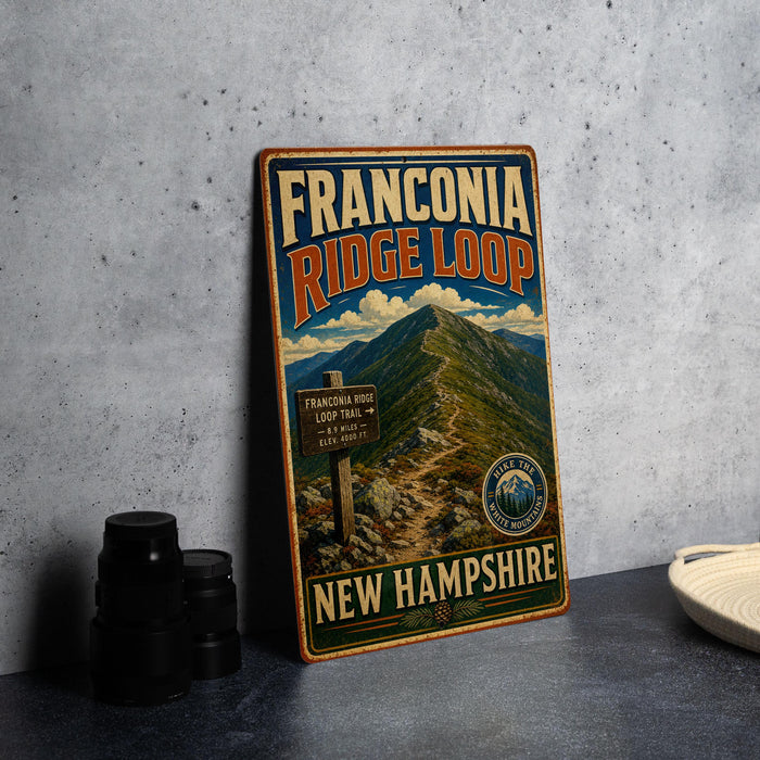 A vintage-style metal sign for the Franconia Ridge Loop trail in New Hampshire, featuring a mountain landscape and trail markers.