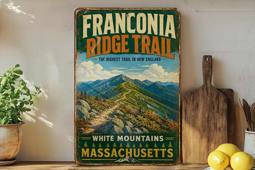 A vintage-style sign for the Franconia Ridge Trail in Massachusetts, featuring a scenic mountain landscape with a winding trail.