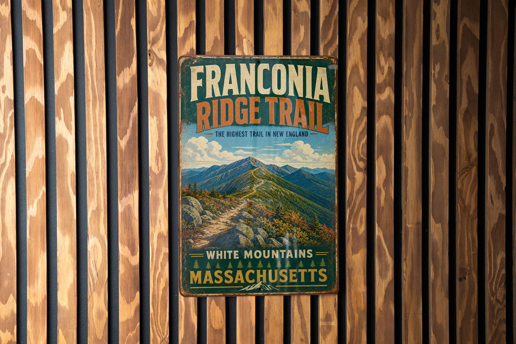 A vintage metal sign for the Franconia Ridge Trail in Massachusetts, featuring a scenic mountain landscape.