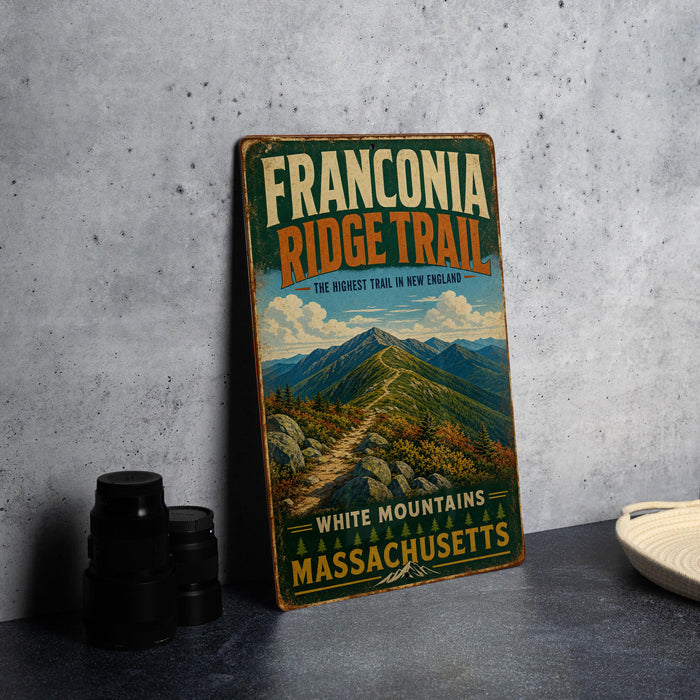 A vintage trail sign for the Franconia Ridge Trail in Massachusetts, featuring a scenic mountain landscape.
