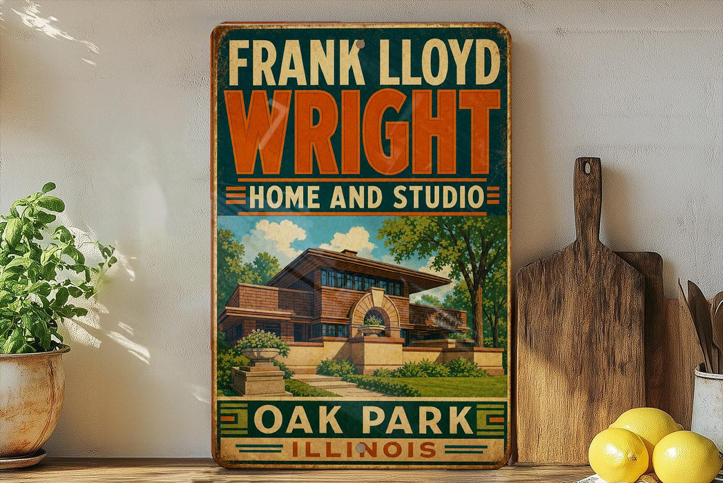 A vintage-style sign for Frank Lloyd Wright's home and studio in Oak Park, Illinois.