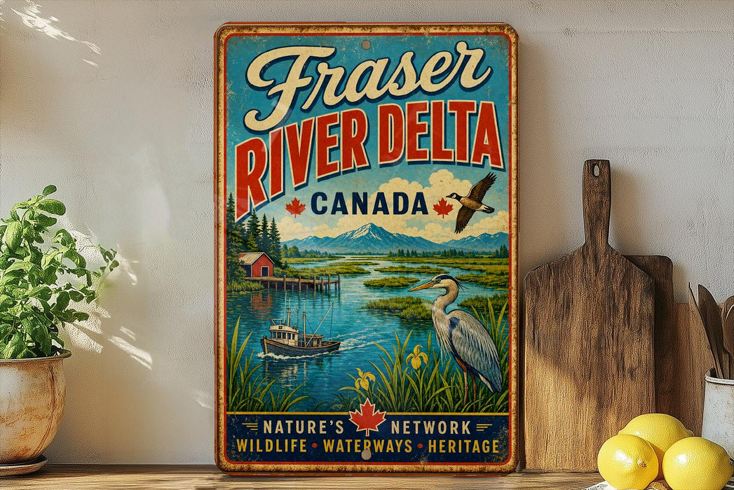 A vintage-style sign for Fraser River Delta, Canada, featuring a scenic illustration of a river, mountains, and wildlife.
