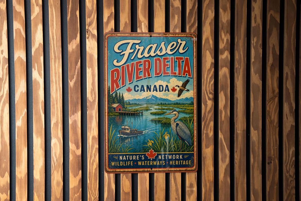 A vintage-style metal sign for Fraser River Delta, Canada, featuring a scenic illustration of the river, mountains, and wildlife.