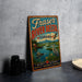 A vintage-style sign for Fraser River Delta, Canada, featuring a scenic illustration of the river, mountains, and wildlife.