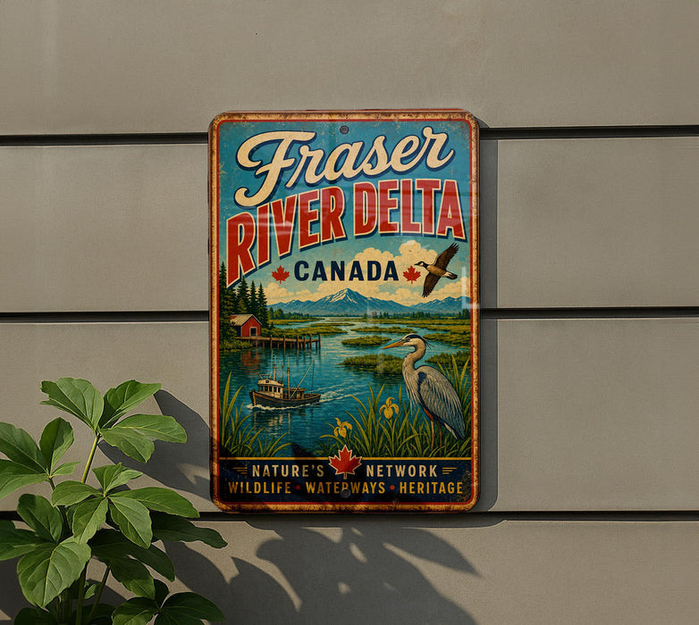 A vintage-style metal sign for Fraser River Delta, Canada, featuring a scenic illustration of the river, mountains, and wildlife.