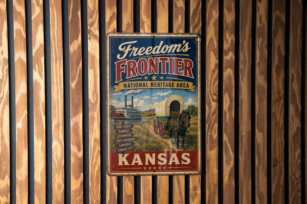 A vintage metal sign for the Freedom's Frontier National Heritage Area in Kansas, featuring an illustration of a wagon and a horse.