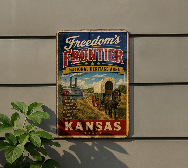 A vintage-style metal sign advertising the "Frontier National Heritage Area" in Kansas, featuring an illustration of a covered wagon and a steamboat.