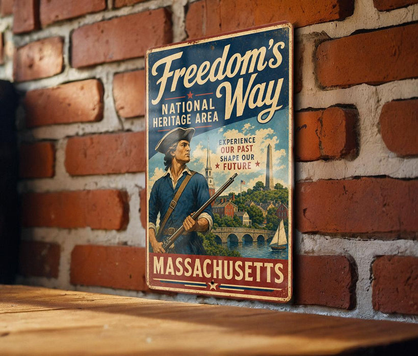 A vintage metal sign with the text "Freedom's National Heritage Area" and "Massachusetts" is displayed on a brick wall.