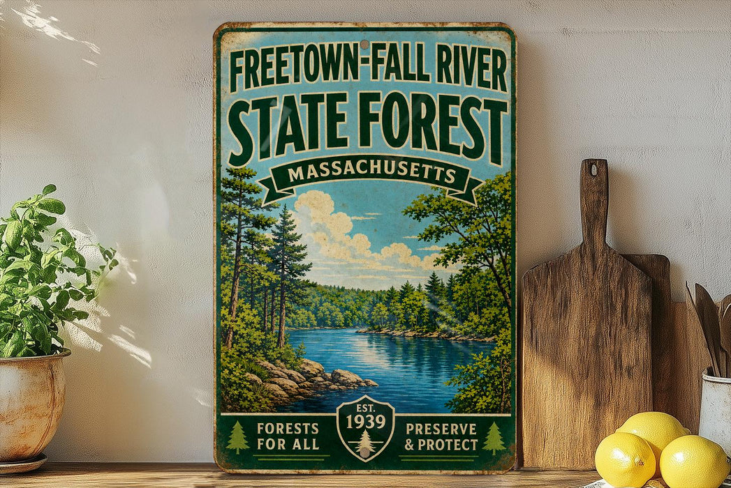 a vintage-style sign for the Freetown-Fall River State Forest in Massachusetts, with a scenic illustration of a river surrounded by trees and mountains. The sign is displayed on a shelf next to a wooden cutting board and a potted plant, creating a rustic and nature-inspired setting.