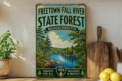 a vintage-style sign for the Freetown-Fall River State Forest in Massachusetts, with a scenic illustration of a river surrounded by trees and mountains. The sign is displayed on a shelf next to a wooden cutting board and a potted plant, creating a rustic and nature-inspired setting.