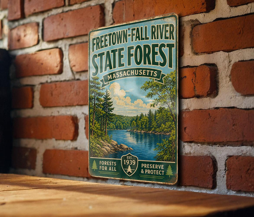 A vintage metal sign for the Freetown-Fall River State Forest in Massachusetts, featuring a scenic illustration of a forest and a river.