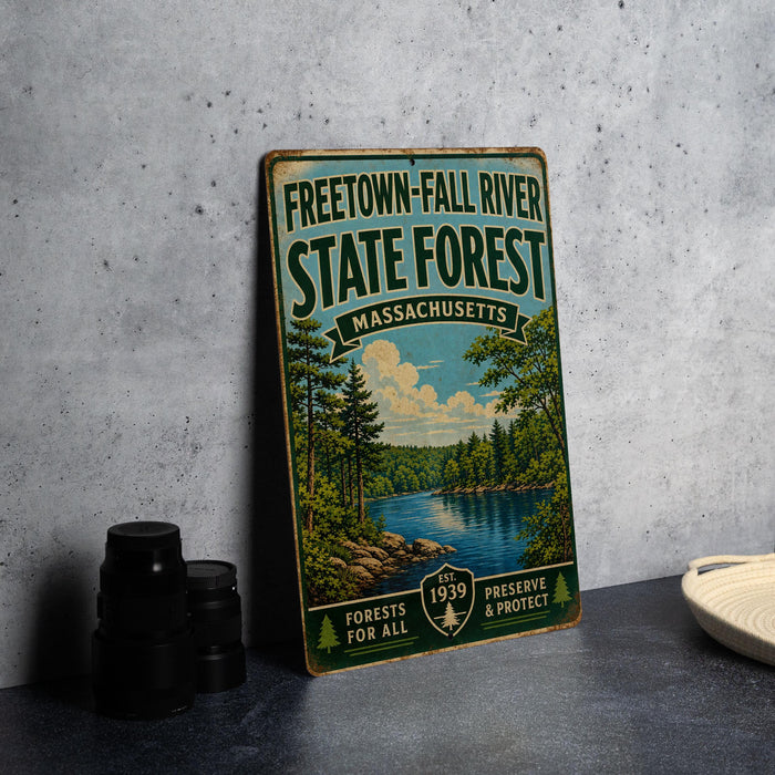 A vintage metal sign for the Freetown-Fall River State Forest in Massachusetts, featuring a scenic image of a forest and a river.