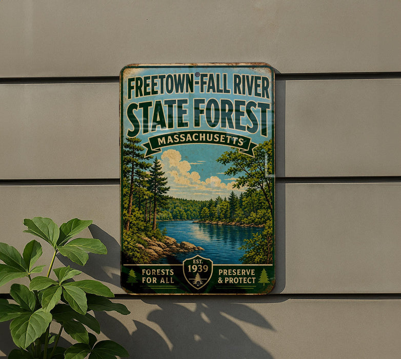 a vintage-style sign for the Freetown-Fall River State Forest in Massachusetts, with a scenic illustration of a forest and a river.