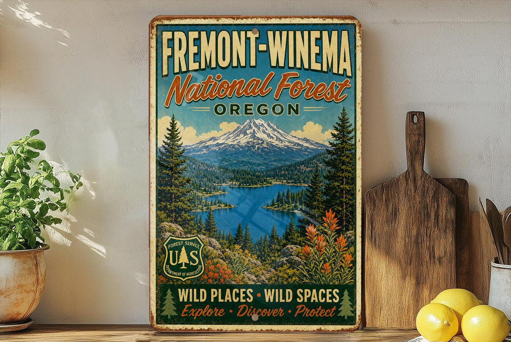 a vintage-style sign for the Fremont-WineEMA National Forest in Oregon, with a scenic mountain landscape and a lake in the background.