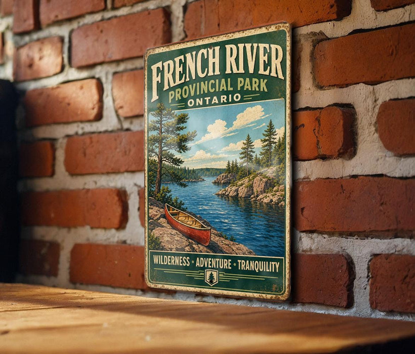 A vintage-style metal sign for French River Provincial Park, Ontario, featuring a canoe on a river surrounded by pine trees and mountains.