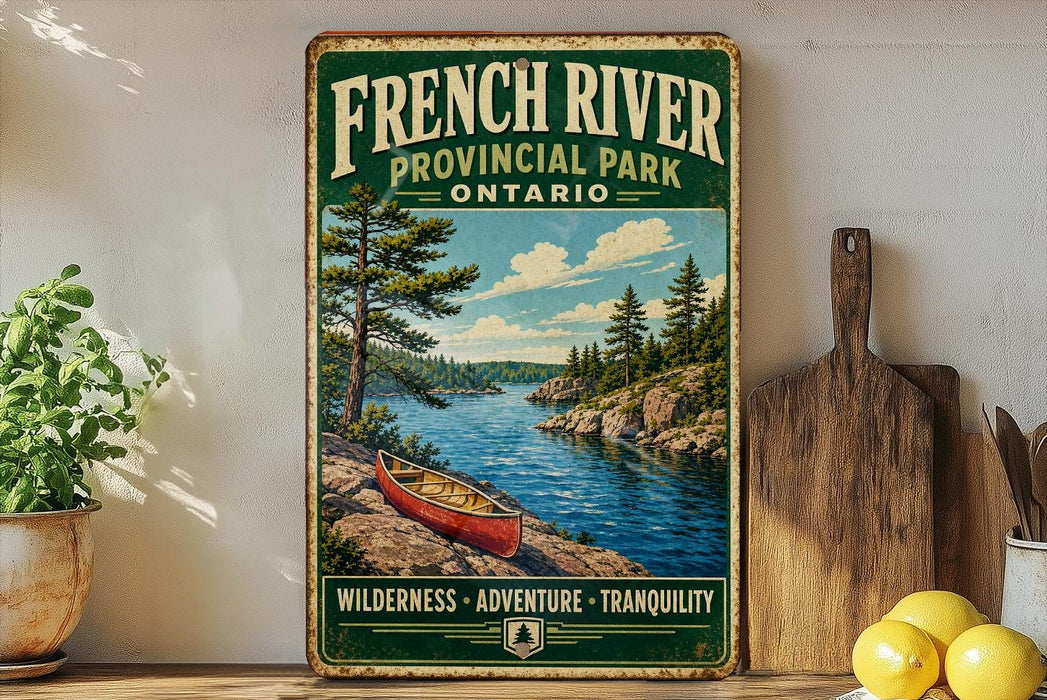 A vintage-style sign for French River Provincial Park, Ontario, featuring a canoe on a river surrounded by pine trees and mountains.
