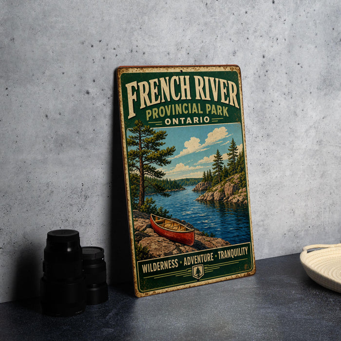 A vintage-style metal sign for French River Provincial Park, Ontario, featuring a canoe on a lake surrounded by trees and mountains.