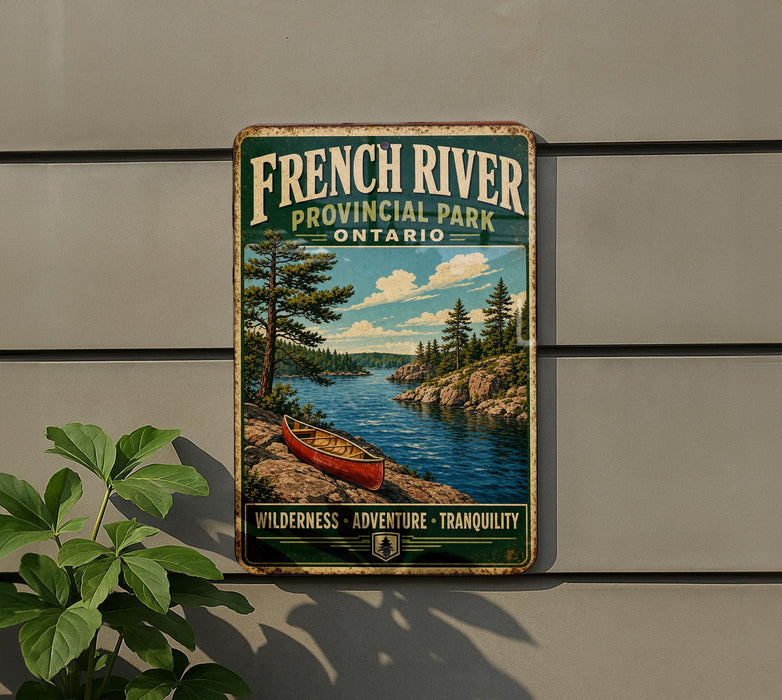 A vintage-style metal sign for French River Provincial Park, Ontario, featuring a canoe on a river surrounded by pine trees and mountains.