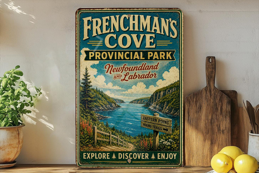 A vintage-style sign for "Frenchman's Cove Provincial Park" in Newfoundland and Labrador, featuring a scenic landscape with a lake and mountains.