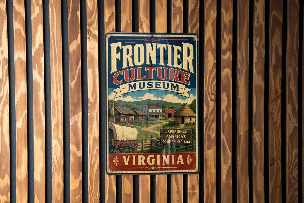 A vintage metal sign for the Frontier Culture Museum in Virginia, featuring an illustration of a wagon and a rural landscape.