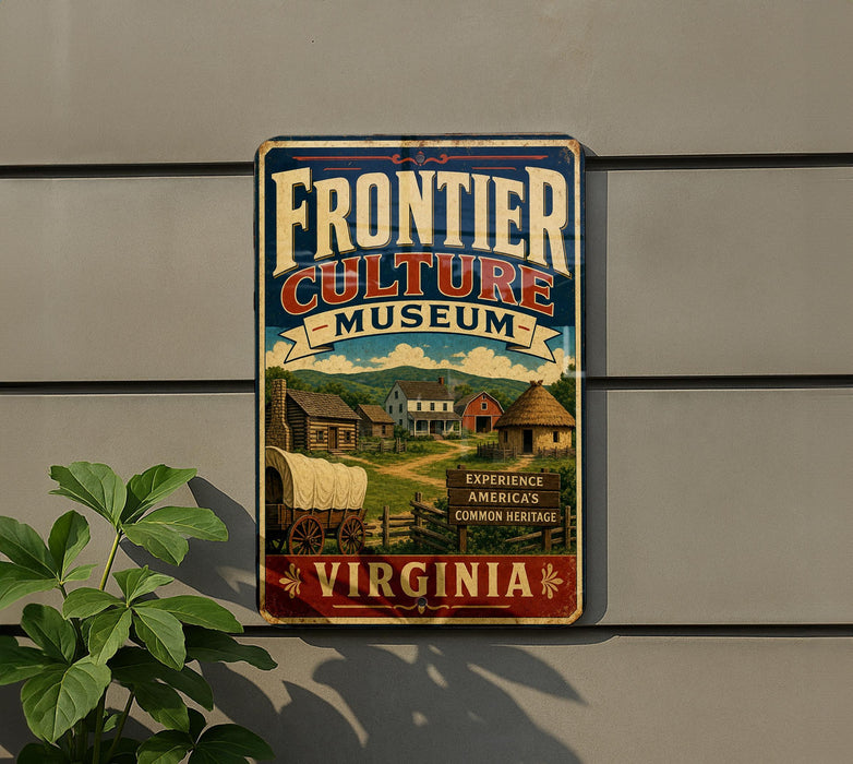 A vintage metal sign for the Frontier Culture Museum in Virginia, featuring an illustration of a wagon and a sign that says "Frontier Culture Museum Virginia".