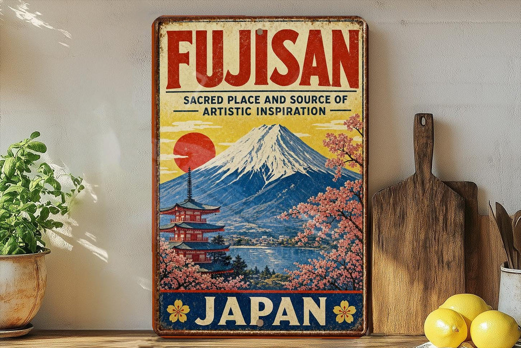 a vintage-style sign for Fujisan, a Japanese company, with a mountain landscape and a temple in the background. The sign is displayed on a shelf next to a wooden cutting board and some potted plants.