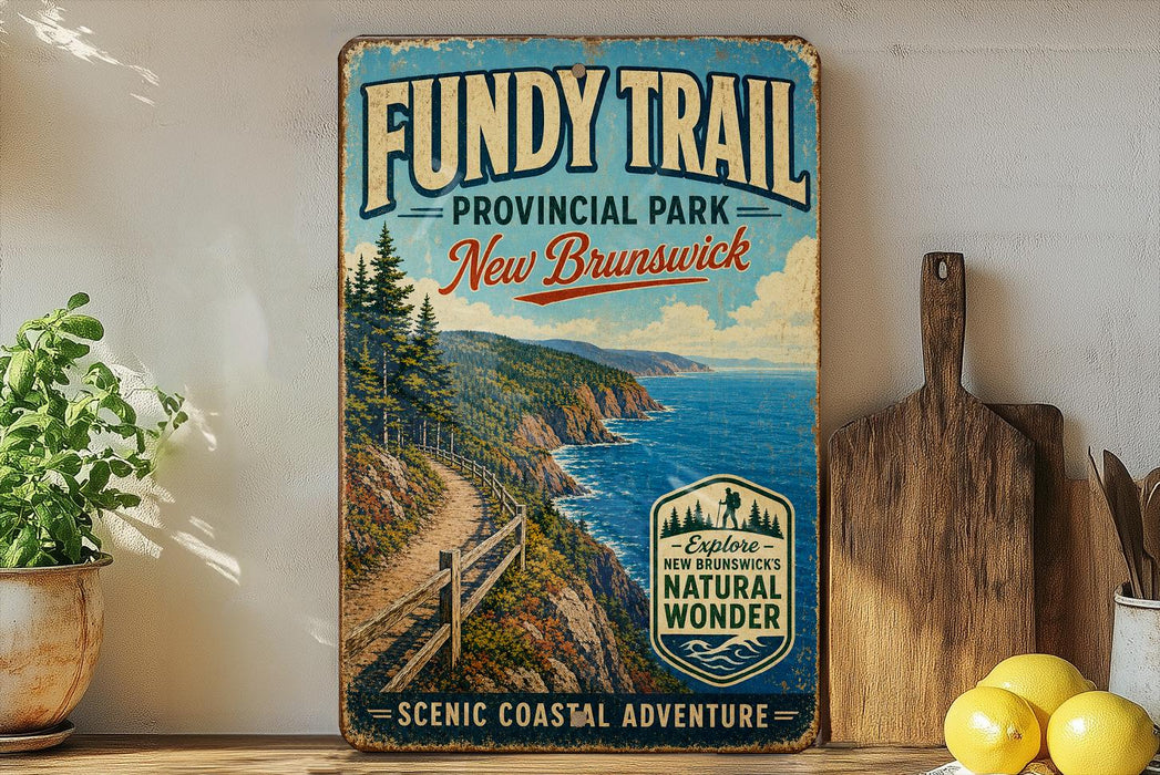 a vintage-style sign for the Fundy Trail in New Brunswick, New Brunswick, Canada, with a scenic coastal landscape and a wooden paddleboard.