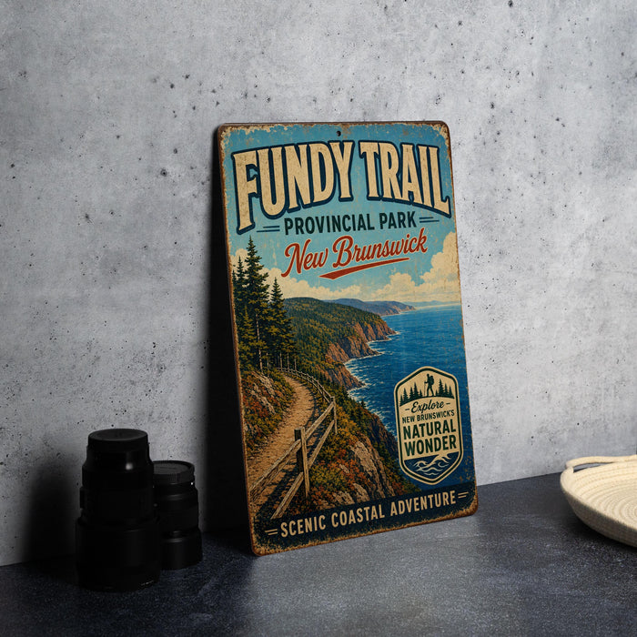 a vintage-style metal sign for the FUNDY TRAIL in New Brunswick, New Brunswick, Canada, with a scenic coastal landscape on the sign.