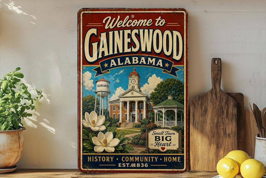 a vintage-style metal sign that reads "Welcome to GAINESWOOD ALABAMA" with a picture of a town and a clock tower. The sign also includes the words "Small Town Big Heart" and "History, Community, Home" below the image.