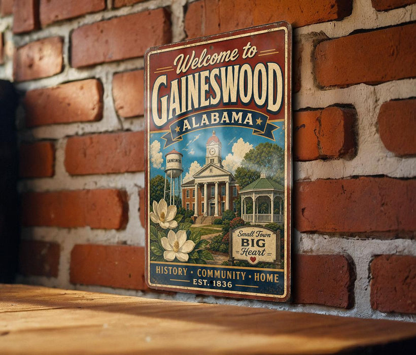 A vintage-style metal sign welcoming visitors to Gaineswood, Alabama, with a brick wall and a wooden table in the background.