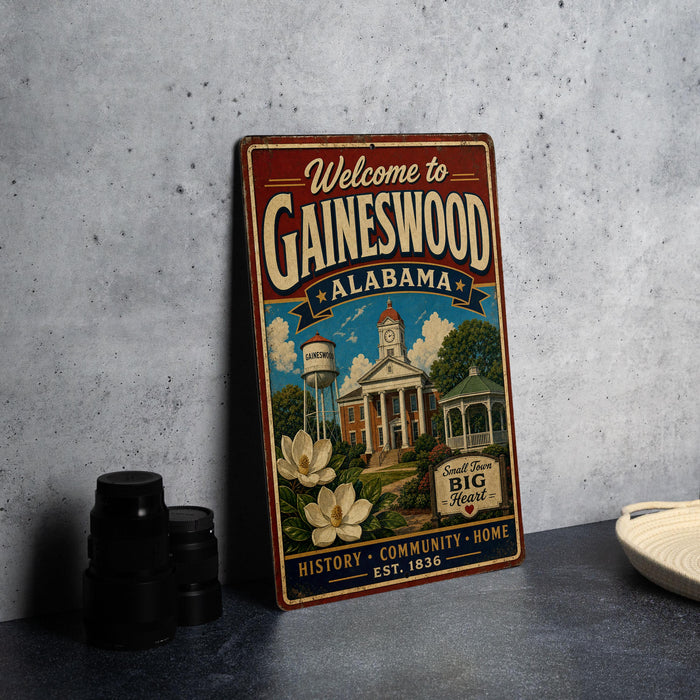 A vintage-style metal sign welcoming visitors to Gaineswood, Alabama, with a small town illustration and text.