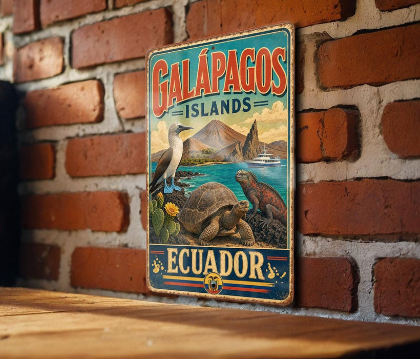 A vintage-style metal sign with the text "GALAPAGOS ISLANDS ECUADOR" and an illustration of various animals, including a bird, a turtle, and a lizard, set against a backdrop of a mountain and a body of water.