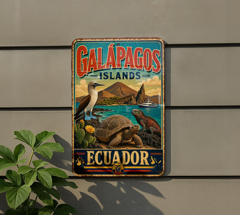 A vintage-style metal sign with the text "GALAPAGOS ISLANDS" and "ECUADOR" is displayed on a wall, featuring illustrations of various animals and landscapes.