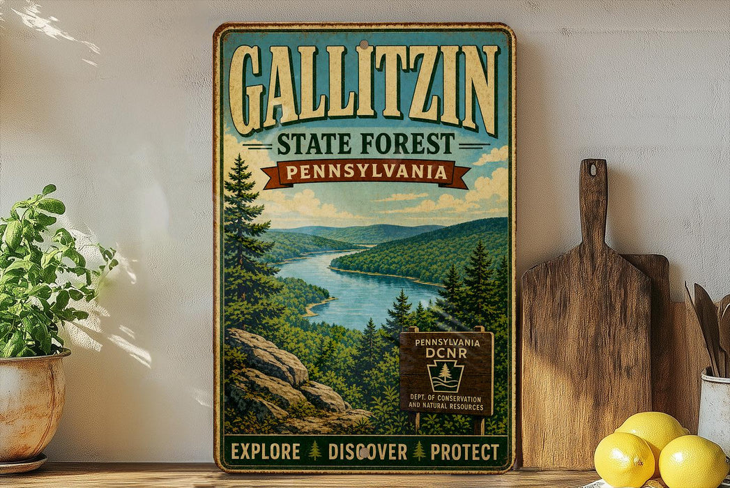 A vintage-style poster of the Gallitzin State Forest in Pennsylvania, featuring a scenic landscape with a river and pine trees. The poster is displayed on a wall, surrounded by various kitchen items such as a cutting board, a knife, and a bowl.
