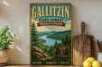 A vintage-style poster of the Gallitzin State Forest in Pennsylvania, featuring a scenic landscape with a river and pine trees. The poster is displayed on a wall, surrounded by various kitchen items such as a cutting board, a knife, and a bowl.