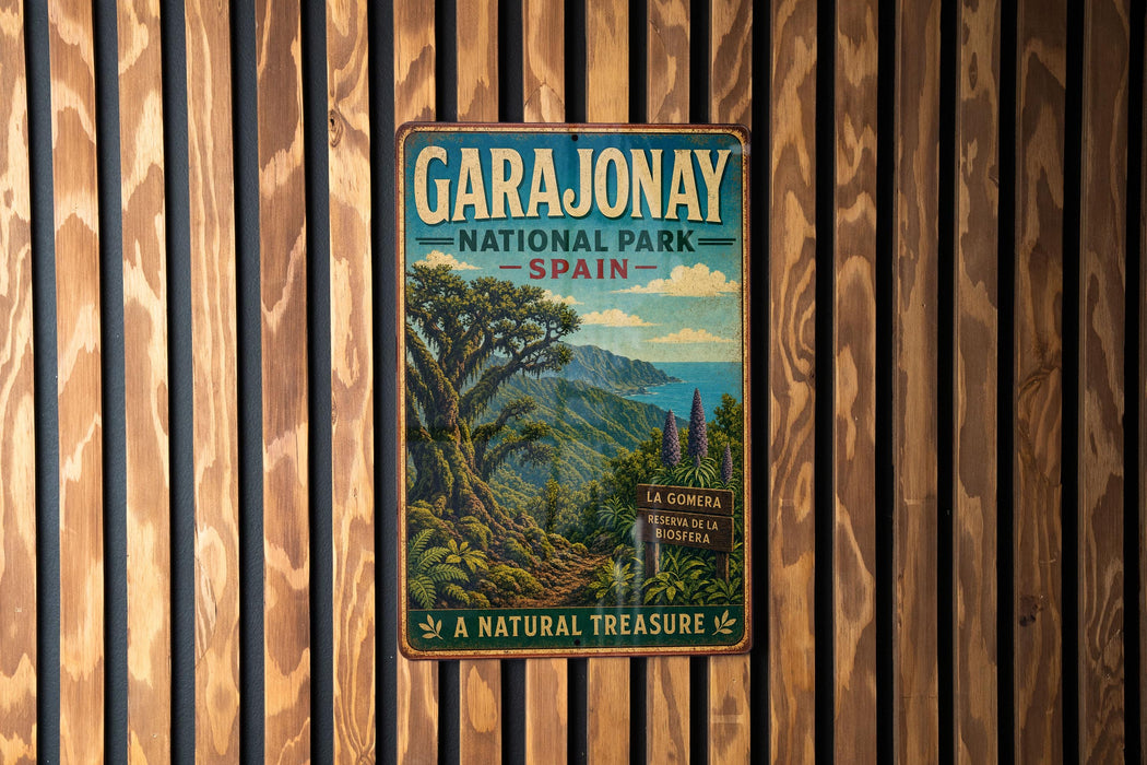 A vintage-style metal sign for the Garajonay National Park in Spain, featuring a scenic landscape with mountains, trees, and a winding path.