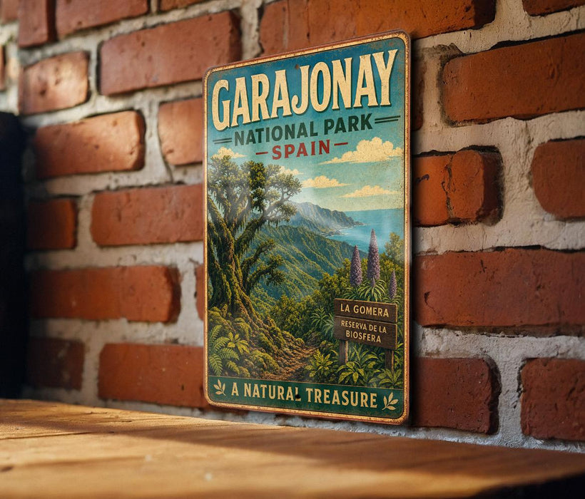 A vintage-style metal sign for the Garajonay National Park in Spain, featuring a lush, tropical landscape with mountains, trees, and a winding path.