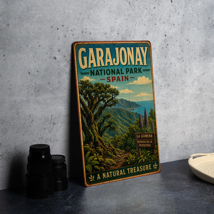 A vintage-style metal sign for the Garajonay National Park in Spain, featuring a lush tropical landscape with a winding path and a mountain backdrop.