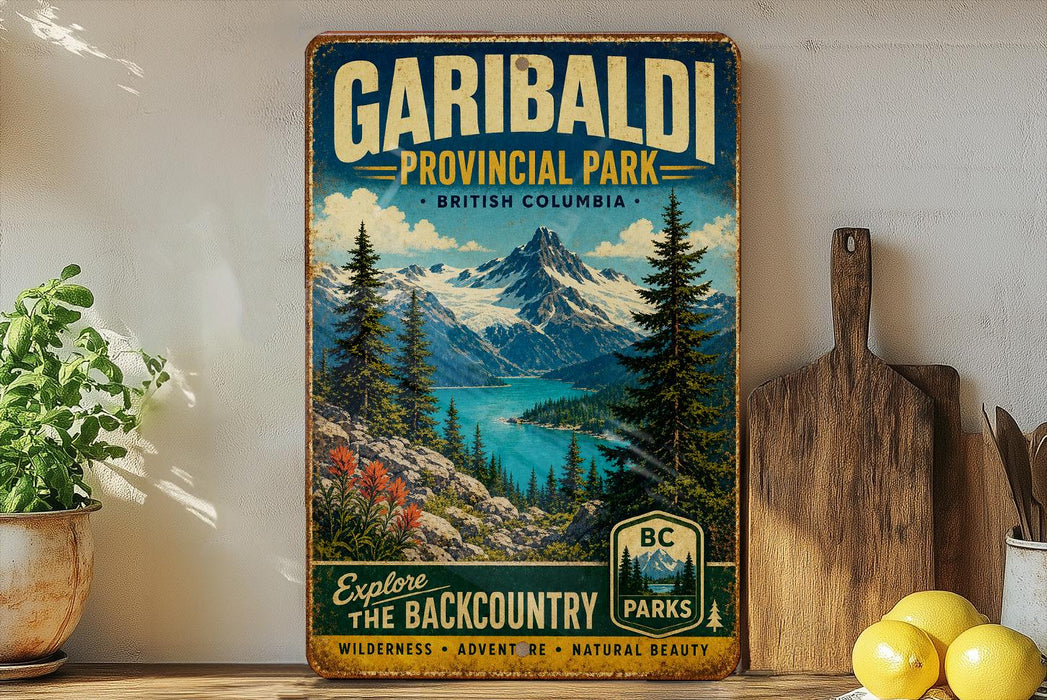 A vintage-style poster advertising Garibaldi Provincial Park in British Columbia, featuring a scenic mountain landscape with pine trees and a lake.
