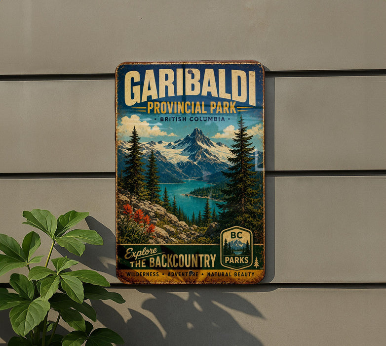 A vintage-style metal sign for Garibaldi Provincial Park in British Columbia, Canada, featuring a scenic mountain landscape with pine trees and a lake.