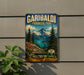 A vintage-style metal sign for Garibaldi Provincial Park in British Columbia, Canada, featuring a scenic mountain landscape with pine trees and a lake.