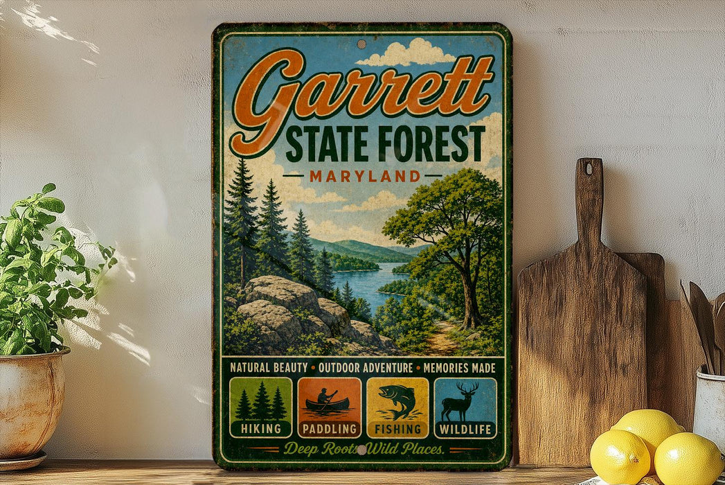 A vintage metal sign for Garrett State Forest, Maryland, featuring a scenic landscape with pine trees, a river, and mountains.